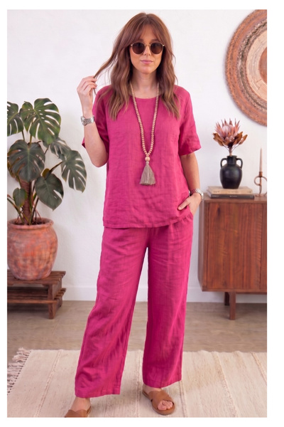 Little Visqon Women's Linen Textured Loose Fit Pants and Blouse Two-Piece Set