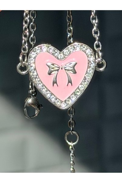LUNIVRA Stainless Steel Zircon Stone Heart Bow Detailed Adjustable Choker Necklace