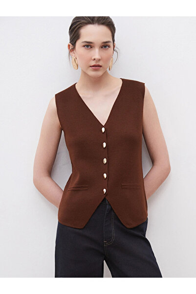 LC Waikiki Brown V-Neck Women's Knitwear Vest