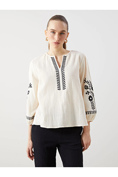 LC Waikiki Ecru Crochet Collar Embroidered Oversized Women's Blouse