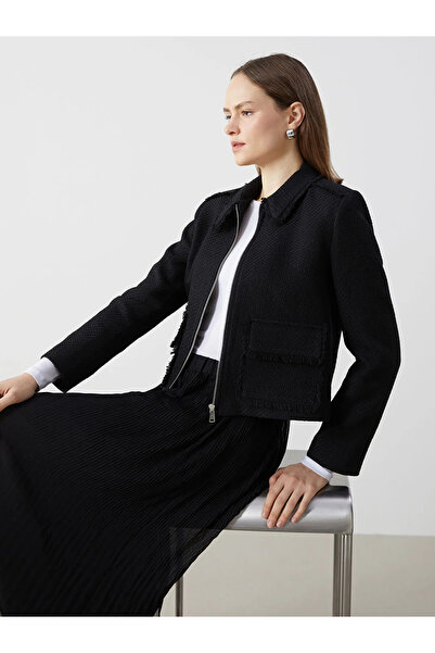 LC Waikiki Black Shirt Collar Crop Women's Tweed Jacket