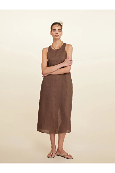 LC Waikiki Brown Halter Neck 100% Linen Dress