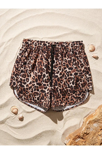 LC Waikiki Brown Elastic Waist Leopard Patterned Women's Swim Shorts