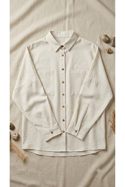 Sublime Butik Women's Long Sleeve Double Pocket Beige Raw Cotton Linen Oversi...
