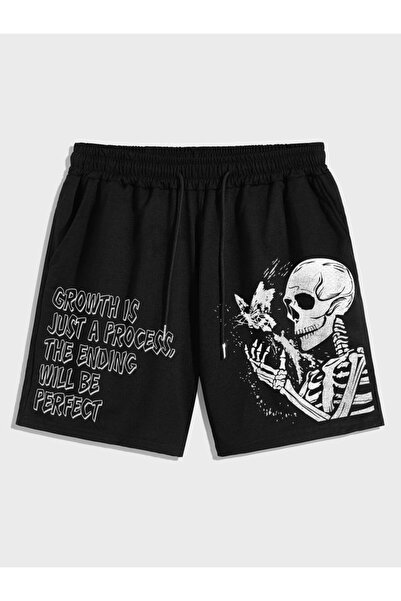 classy moda Oversize Siyah Şort - Streetwear Grafik Baskılı