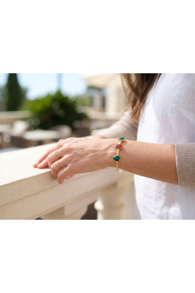 MuseumofYou 3-Piece Natural Stone Cuff Bracelet, Emerald and Cat's Eye Stone,...