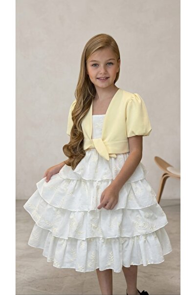 papatya kızı Girl's Layered Flounce Dress with Embroidery Detail and Bolero Set