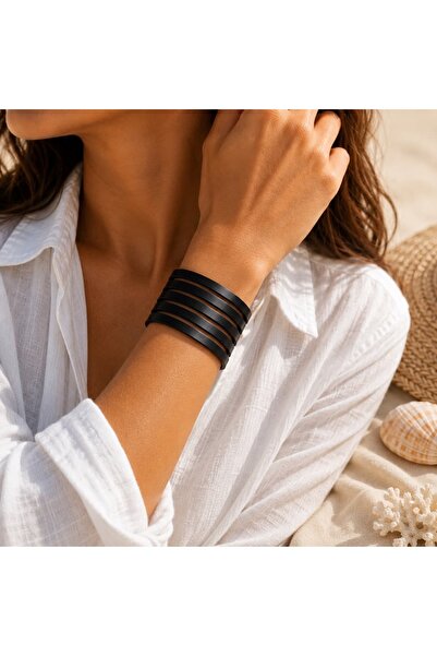 Kutcha Accessories Genuine Leather Multi-Wrap Bracelet Black with Gold Detail