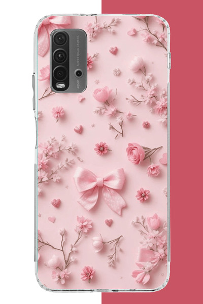 Aksesuarist Redmi 9T-POCO M3 Uyumlu pembe fiyonk gül.jpeg UV Baskılı Silikon ...