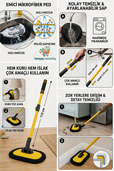 HerŞey Marketing Ev Temizliği Duvar Yer Mopu Uzayıp Kısalabilen Makarna Bez H...