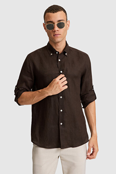 U.S. Polo Assn. Men's Dark Brown Linen Long Sleeve Shirt 50319065-Vr084