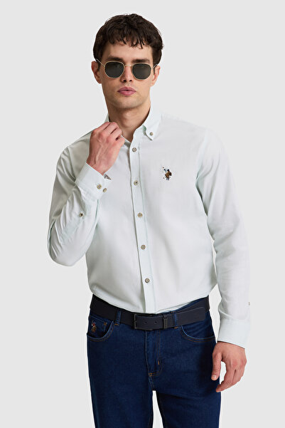 U.S. Polo Assn. قميص أساسي بأكمام طويلة باللون الأخضر المائي للرجال 50322161-...