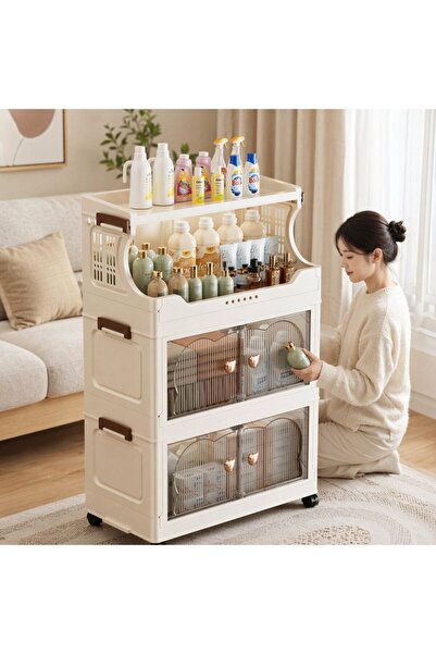 Generic 4 Layer PP Folding Storage Cabinet Wheels Magnetic Door Open Shelf Ho...
