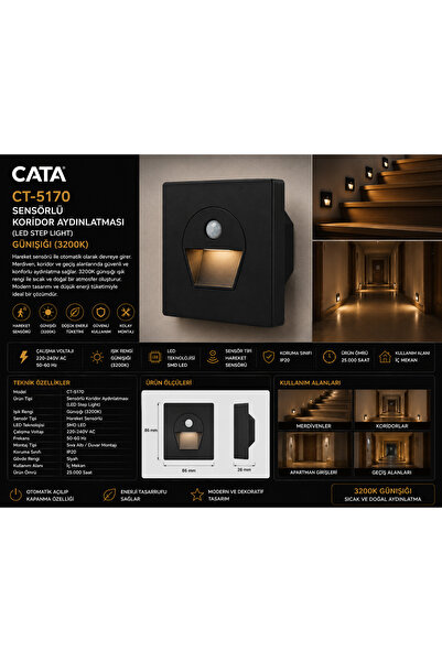 Cata CT-5170 Sensörlü Koridor Aydınlatması Günışığı LED Step Light Hareket Se...