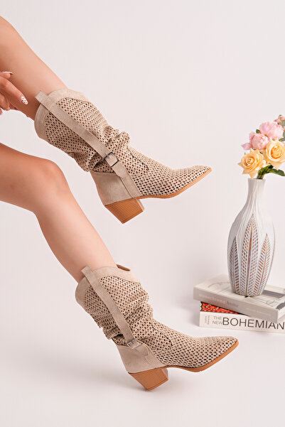 RoseVeno Women's Beige Suede Laser Cut Summer Boots - (Large Size - Order 1 S...