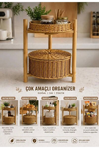 DİLAY HOME Bambu Ayaklı Rattan Sepetli Organizer Sebzelik 2 Katlı Çok Amaçlı ...