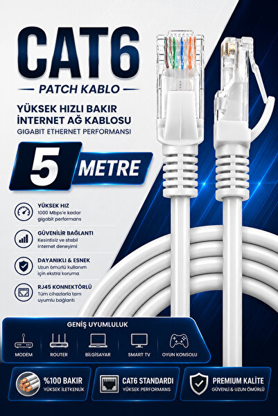 Derwell 5 Metre Beyaz Cat6 Patch Kablo Yüksek Hızlı Bakır İnternet Ağ Kablosu...