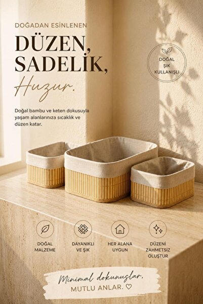 NESS HOME 3-Piece Rectangular Fabric Multi-Purpose Bamboo Basket Set