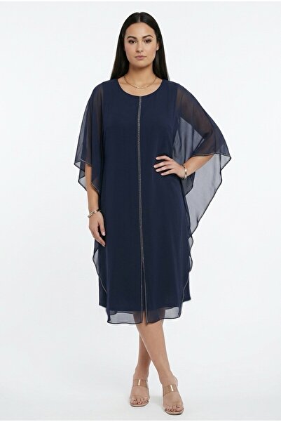 By Saygı Women's Top Chiffon Stone Detailed Plus Size Lycra Sandy Midi Dress