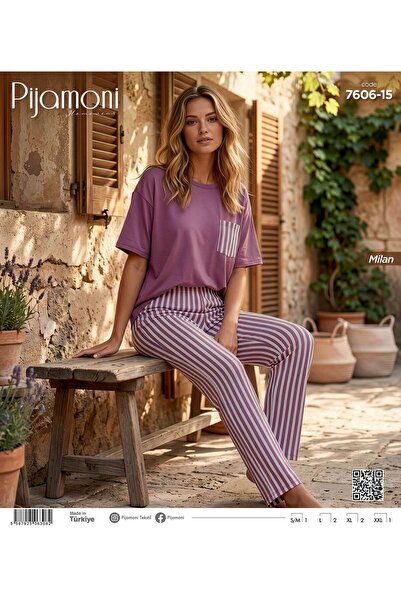 Pijamoni Bambu Milan Kumaş Gül Kurusu Renkli Kısa Kollu Kadın Pijama Takımı