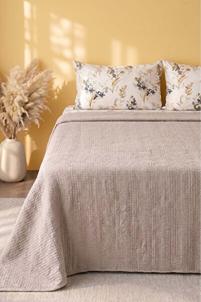 Rivaİstanbul Mink Floral Patterned Double Cotton Honeycomb Pique Set - 4 Pieces