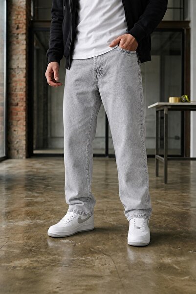 Ser Joven Men's Light Gray Baggy Fit Wide Cut Jean Trousers