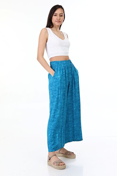 della moor Women's Turquoise Elastic Waist Wide Leg Viscose Casual Trousers S...