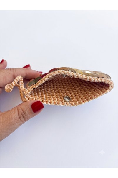 GENCATELİER Handmade Hand Knitted Sequined Mini Wallet / Multi-Purpose Accessory Bag Size: 11.5 * 6.5 cm