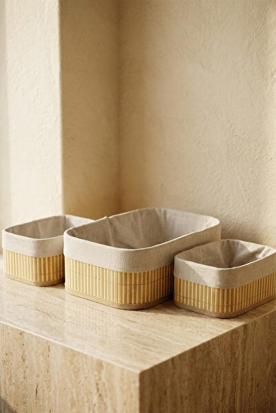 NESS HOME 3-Piece Rectangular Fabric Multi-Purpose Bamboo Basket Set