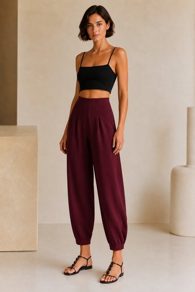 FEVİLLE Women's Burgundy Crepe Fabric Lycra Stretchy Balloon Pants