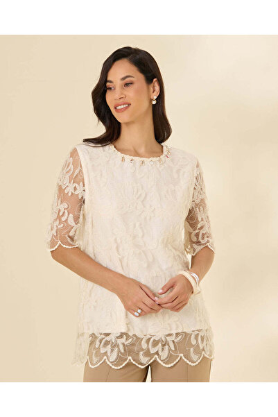 REDTAG Women's Ivory Embellished Lace Blouse