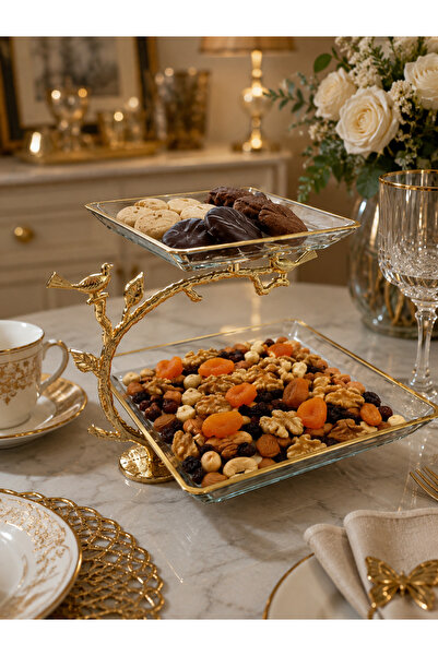 ASSA BAZAAR 2-Tier Glass Presentation Bowl with Gold Bird Figure, Cookie Bowl...