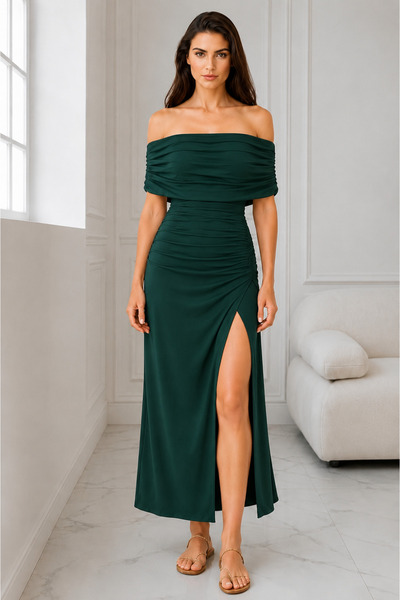 MERİDE Kayık Neckline, Gathered Waist, Slit Detail Midi Dress