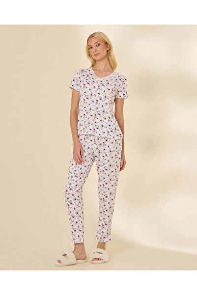 REDTAG Women's Lace Trim V-Neck Printed Pajama Set