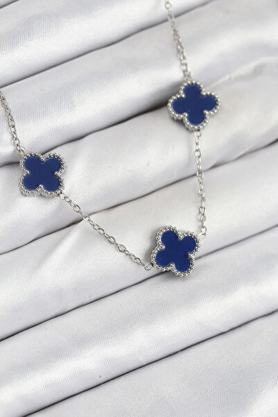 ALKASAZ 316L Steel Chain Silver Navy Color Clover Women's Necklace