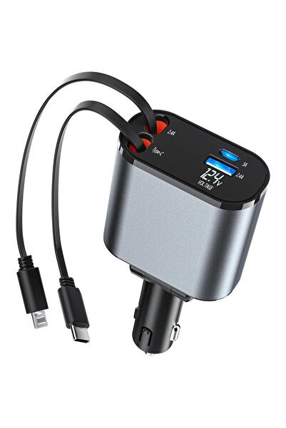 OEM Încărcător Auto Multifuncțional 4 în 1 – 120W USB-C & Lightning Retractab...