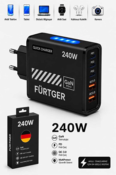 Fürtger 3 Type-C + 2 Usb-A Toplam 5 Çıkışlı + 20W Şarj Aleti