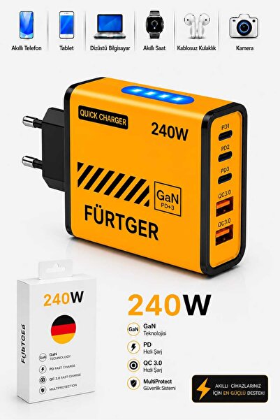 Fürtger 3 Type-C + 2 Usb-A Toplam 5 Çıkışlı + 20W Şarj Aleti