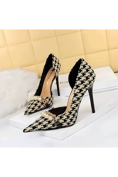 1way Women's Heels with Houndstooth Pattern and Pearl Decoration Description: