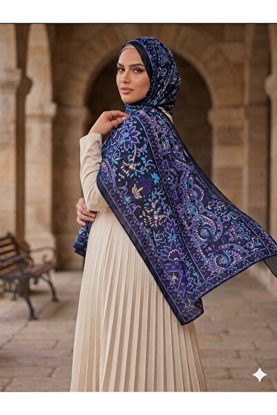 Nazellaa Ethnic Patterned Navy Blue - Soft Shawl with Purple Details