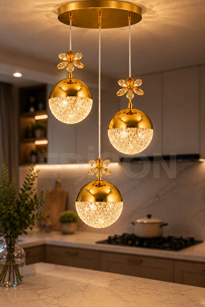 Edison 3'lü Gold Kristal Sarkıt Avize 3 Renk LED Modern Salon Yemek Masası Mu...