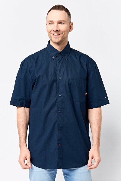Tommy Hilfiger Men Archive Fit Short Sleeve Embroidered Logo Casual Shirt, Navy