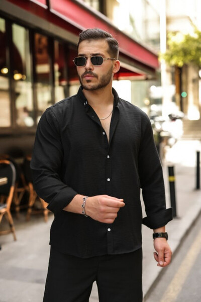 Efnaz style Men's Long Sleeve White Buttoned Pera Linen Shirt