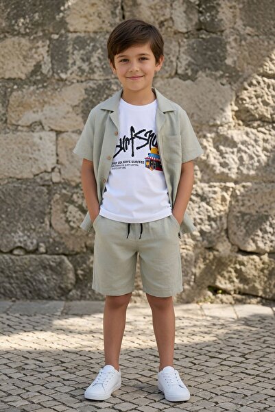 Cansın Mini Mint Short Sleeve Shirt, Printed T-Shirt, Boy's Shorts, 3-Piece S...