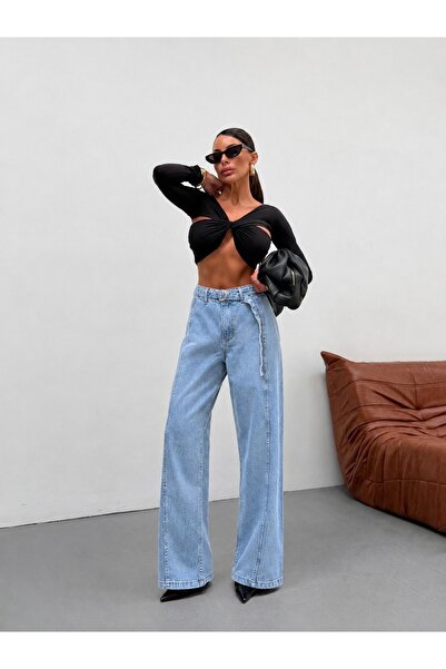 KENE JEANS Pantaloni palazzo din denim cu curea, detaliu frontal cu aspect de...