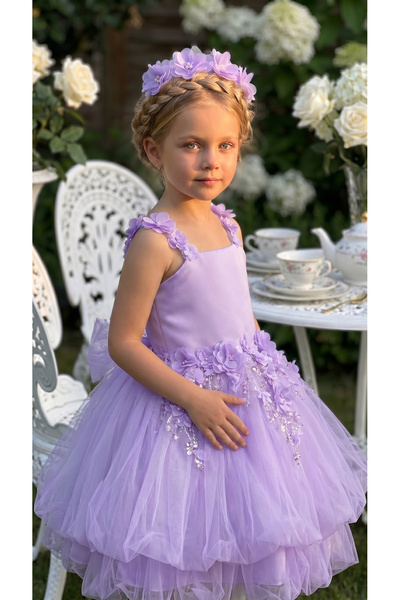 modabesta Lilac Lace Floral Balloon Girl Evening Dress