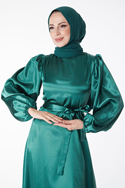 TOFİSA Straight Crew Neck Women's Green Belted Dress - 13160