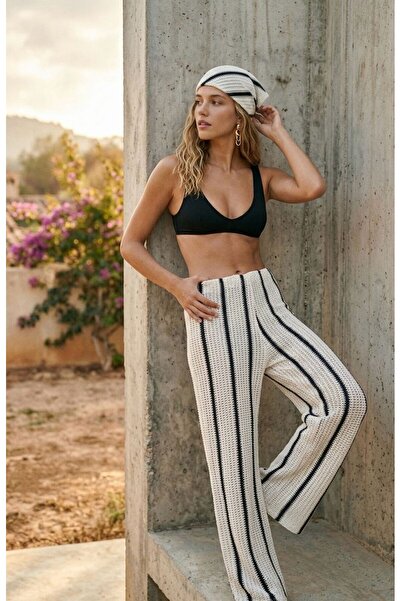 tuaipek Women's Vertical Striped Relaxed Fit Flowy Knitted Pants for Beach an...