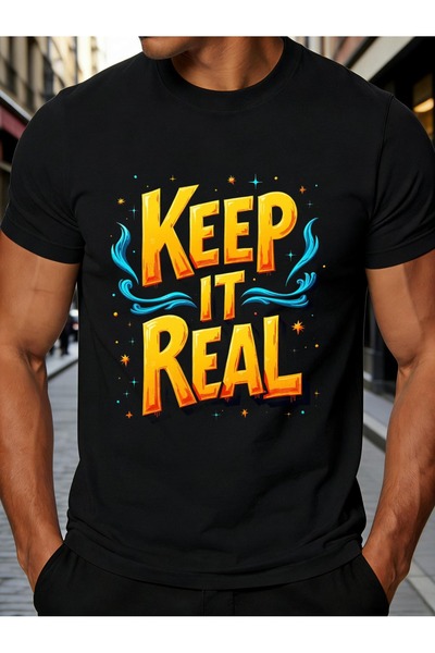 NOURAM تي شيرت رجالي بتصميم ريترو مع طباعة 'Keep It Real' للارتداء الصيفي الع...