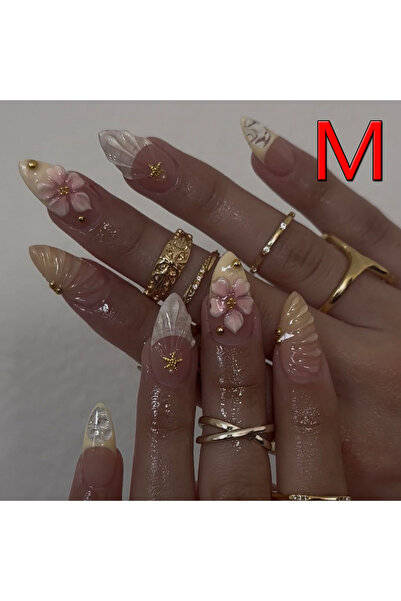 Choice Ivory 10PCS Almond Nail Medium-Sized Fake Nail, 3D Textured Flower, Ha...